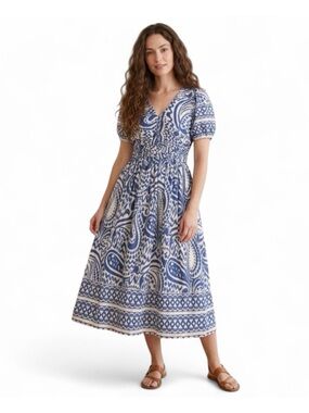 Boho Blue & White Paisley Midi Dress Puff Sleeve Cottagecore Smocked Waist NWT